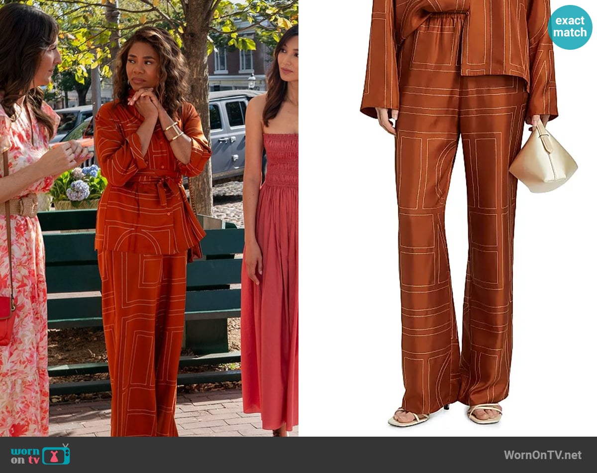 Toteme Embroidered silk-twill wide-leg pants worn by  Dru-Ann Jones ( Regina Hall) on The Five Star Weekend