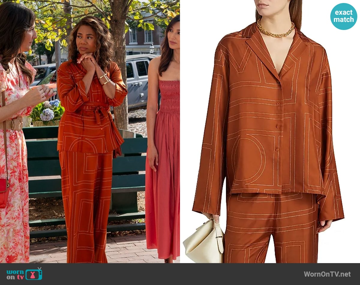 Toteme Monogram Logo Silk PJ Top worn by  Dru-Ann Jones ( Regina Hall) on The Five Star Weekend