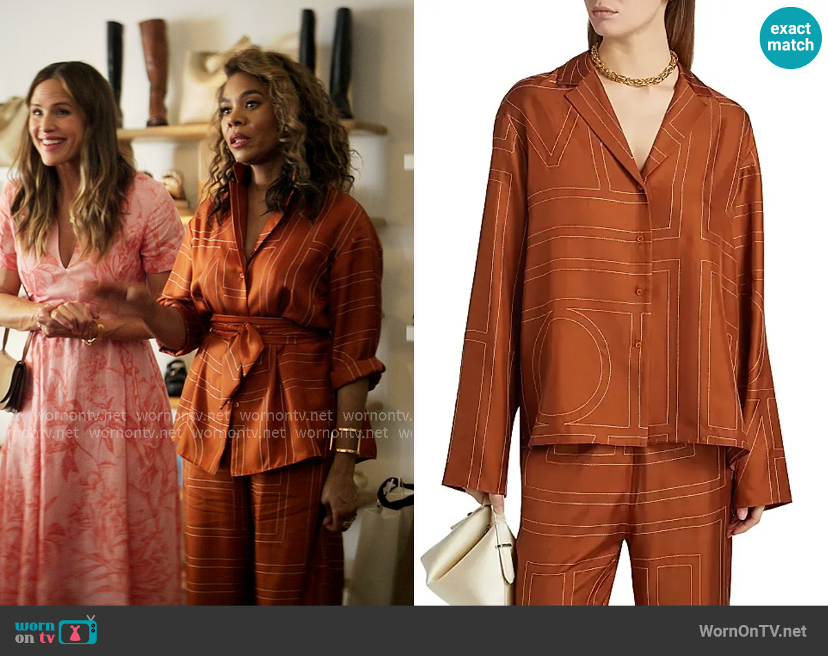 Toteme Monogram Logo Silk PJ Top worn by  Dru-Ann Jones (Regina Hall) on The Five Star Weekend