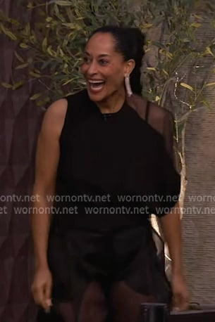 Tracee Ellis Ross’s black asymmetric top and organza pants on Live with Kelly and Mark