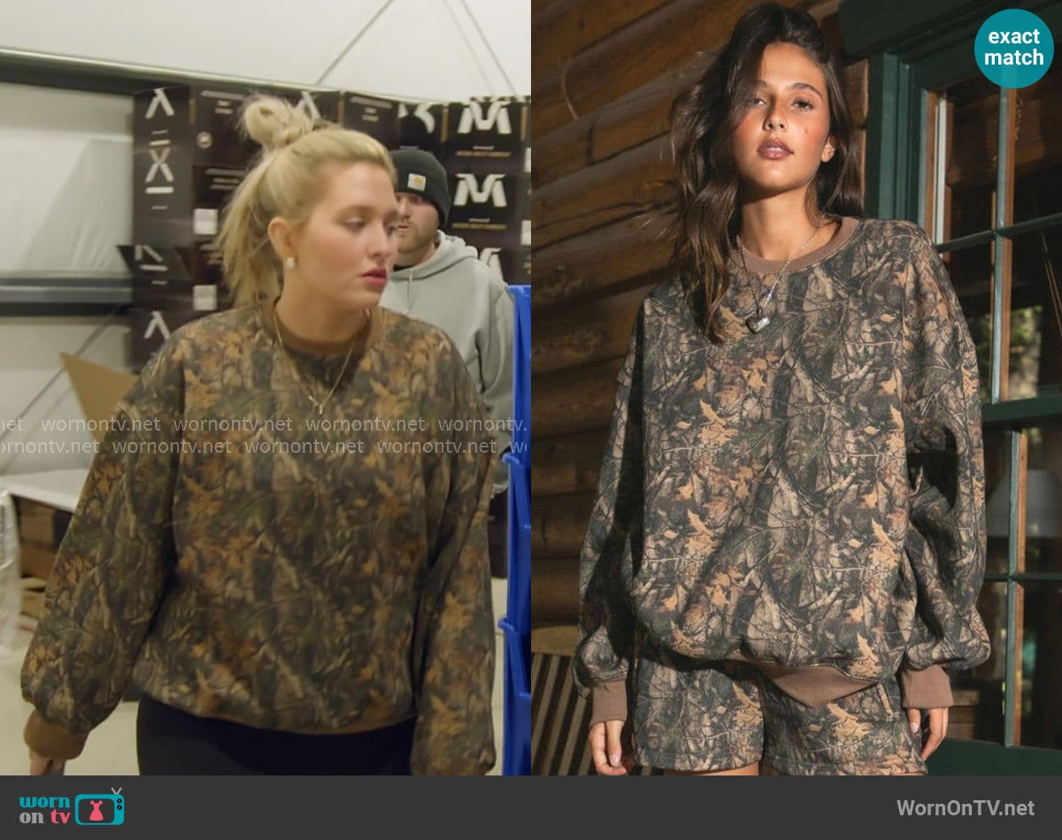 Trendy and Tipsy Woodland Camo Crew Neck Sweatshirt worn by Kacie Adkison on The McBee Dynasty Real American Cowboys