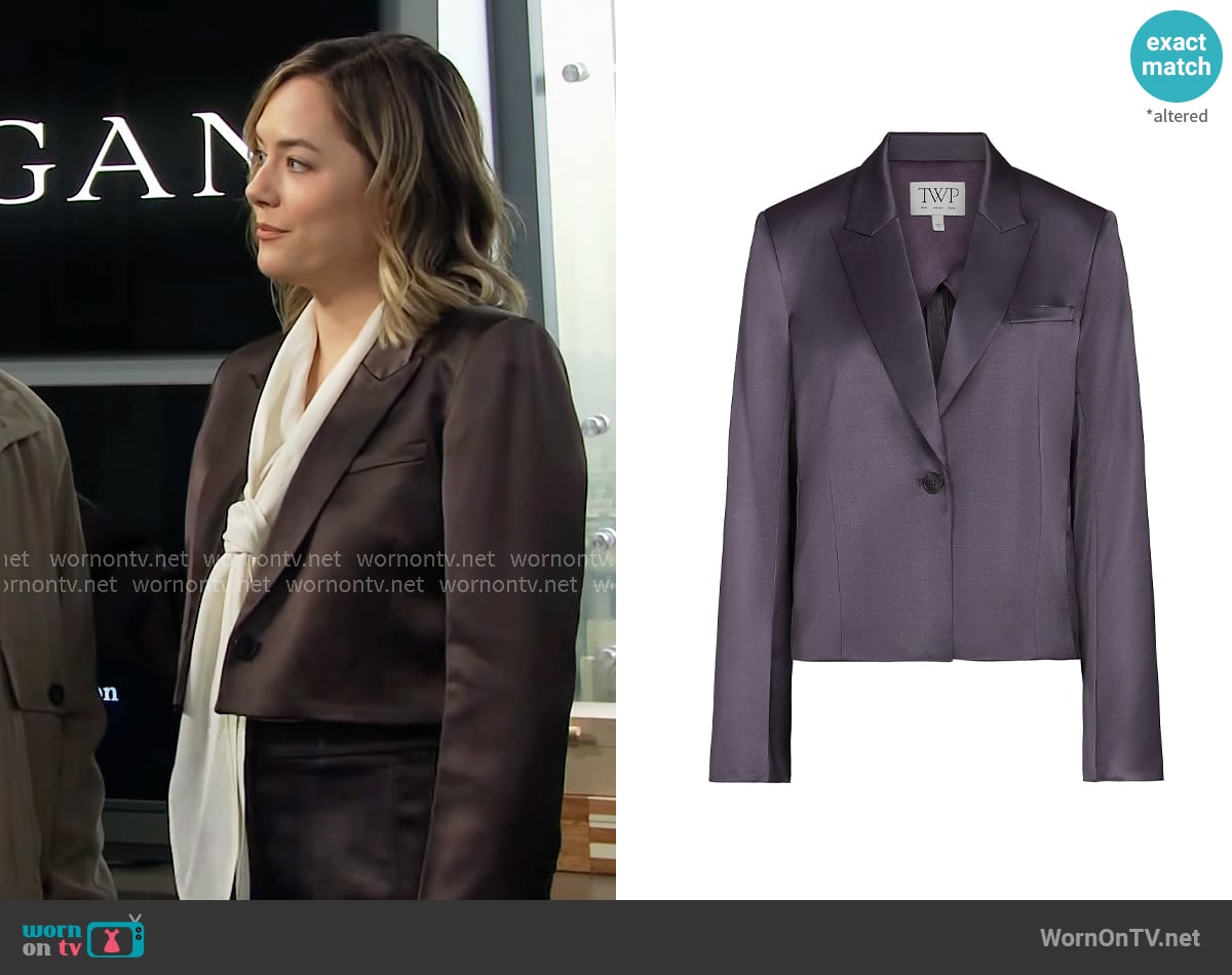 TWP Sawyer Satin Wool-Blend Boxy Blazer in Chocolate Torte worn by Hope Logan (Annika Noelle) on The Bold and the Beautiful