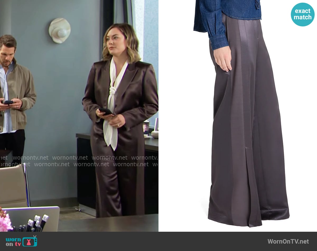 TWP Taite Satin Wide-Leg Pants in Chocolate Torte worn by Hope Logan (Annika Noelle) on The Bold and the Beautiful