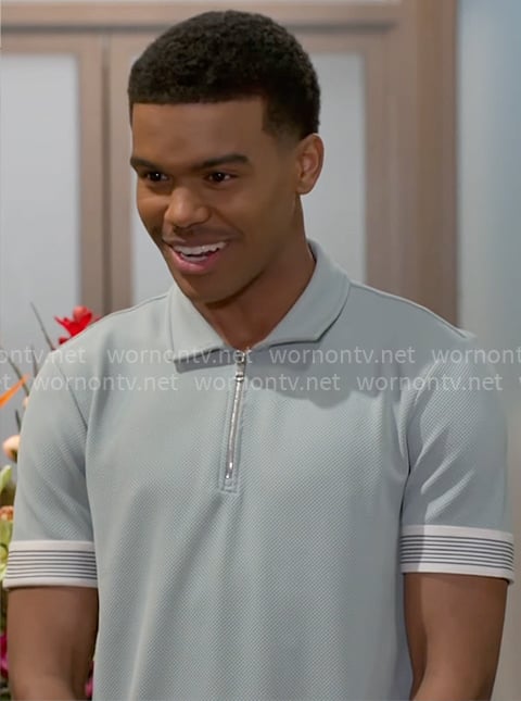 Tyrell’s mint green zip polo on Beyond the Gates