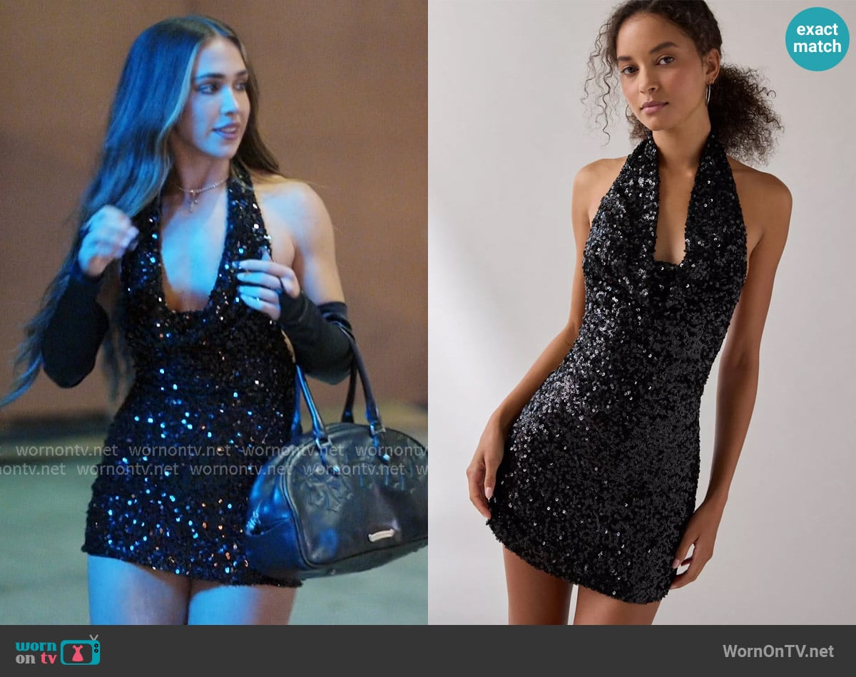 Urban Outfitters Coyote Sequin Halter Bodycon Mini Dress worn by Ariana Biermann on Next Gen NYC