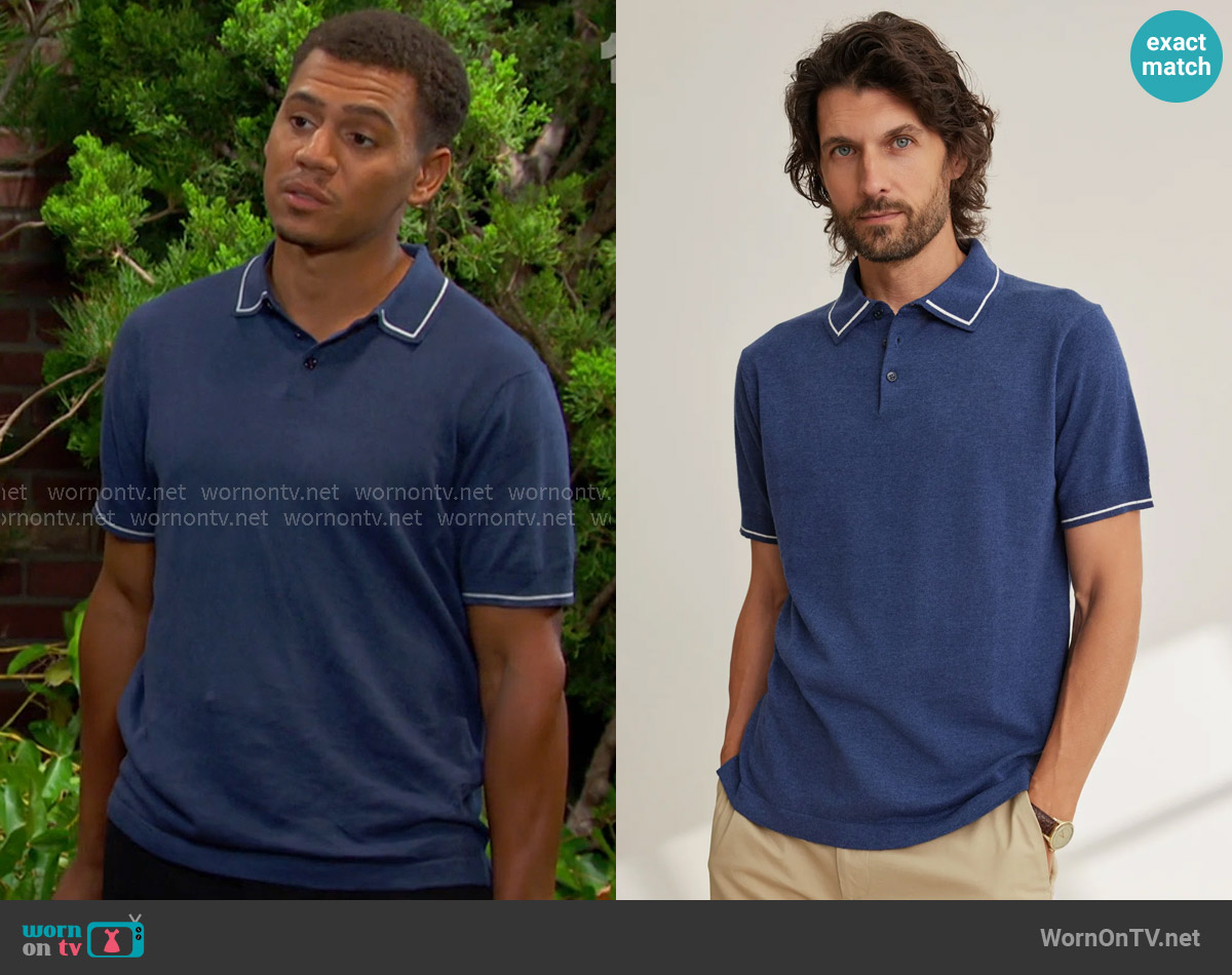 Velvet by Graham & Spencer orion cotton linen polo in Navy worn by Theo Carver (Tyler Joseph Andrews) on Days of our Lives
