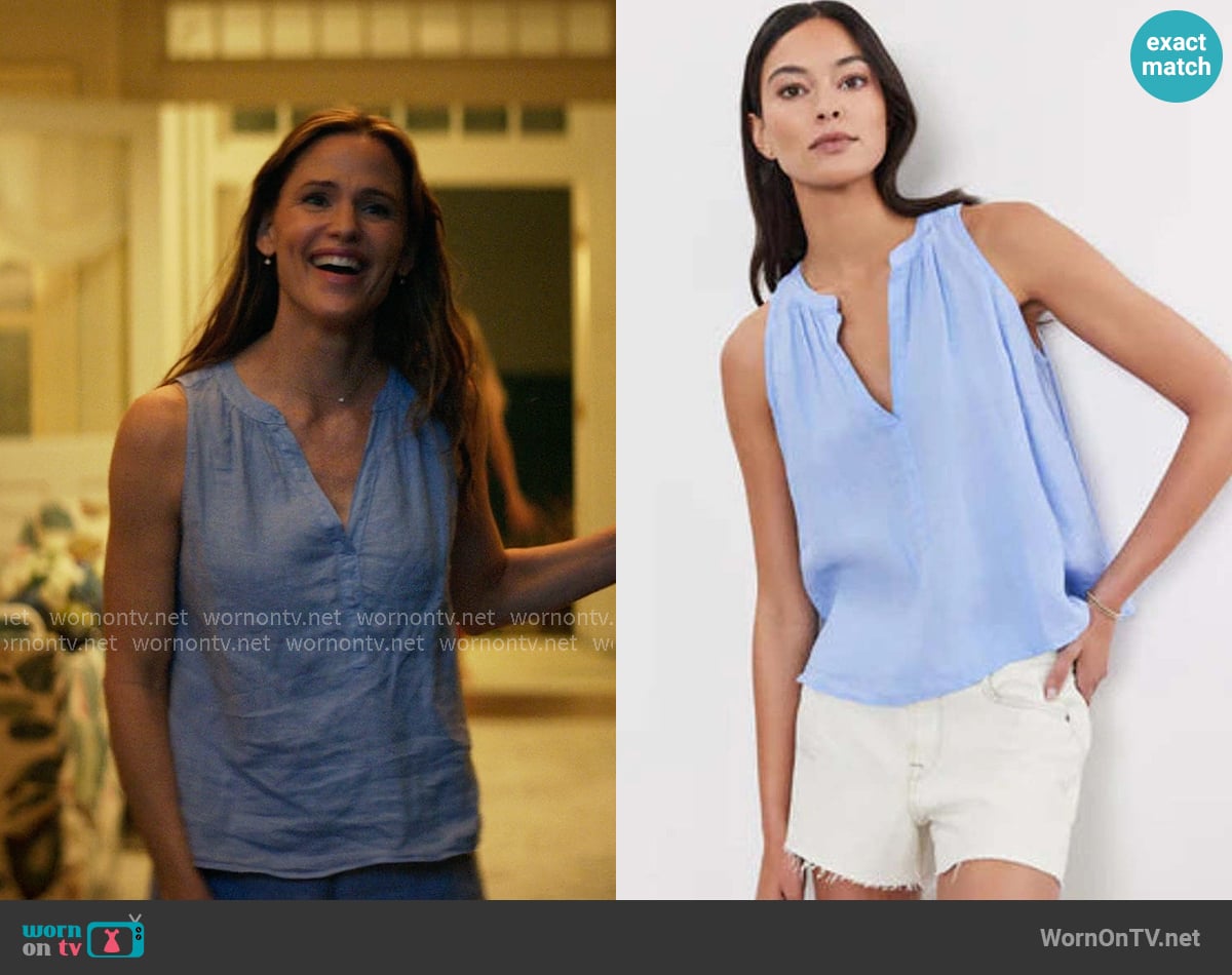 Velvet by Graham & Spencer Tacy Linen V Neck Tank Top worn by Hollis Shaw (Jennifer Garner) on The Five Star Weekend