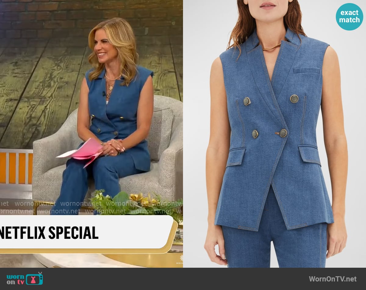 Veronica Beard Amika Tailored Denim Vest worn by Natalie Morales on CBS Mornings