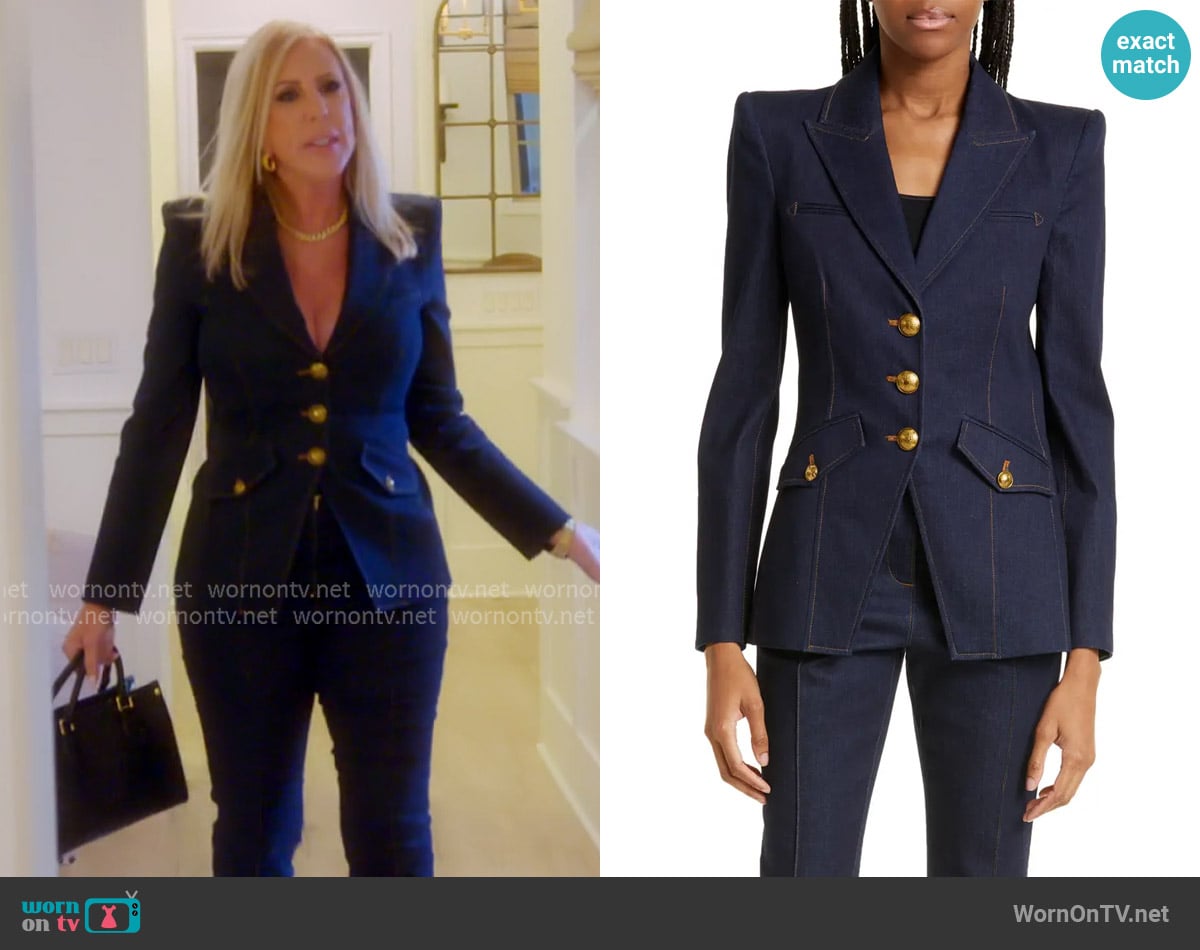 Veronica Beard Anoki Cotton Blend Denim Dickey Jacket worn by Vicki Gunvalson on The Real Housewives of Orange County
