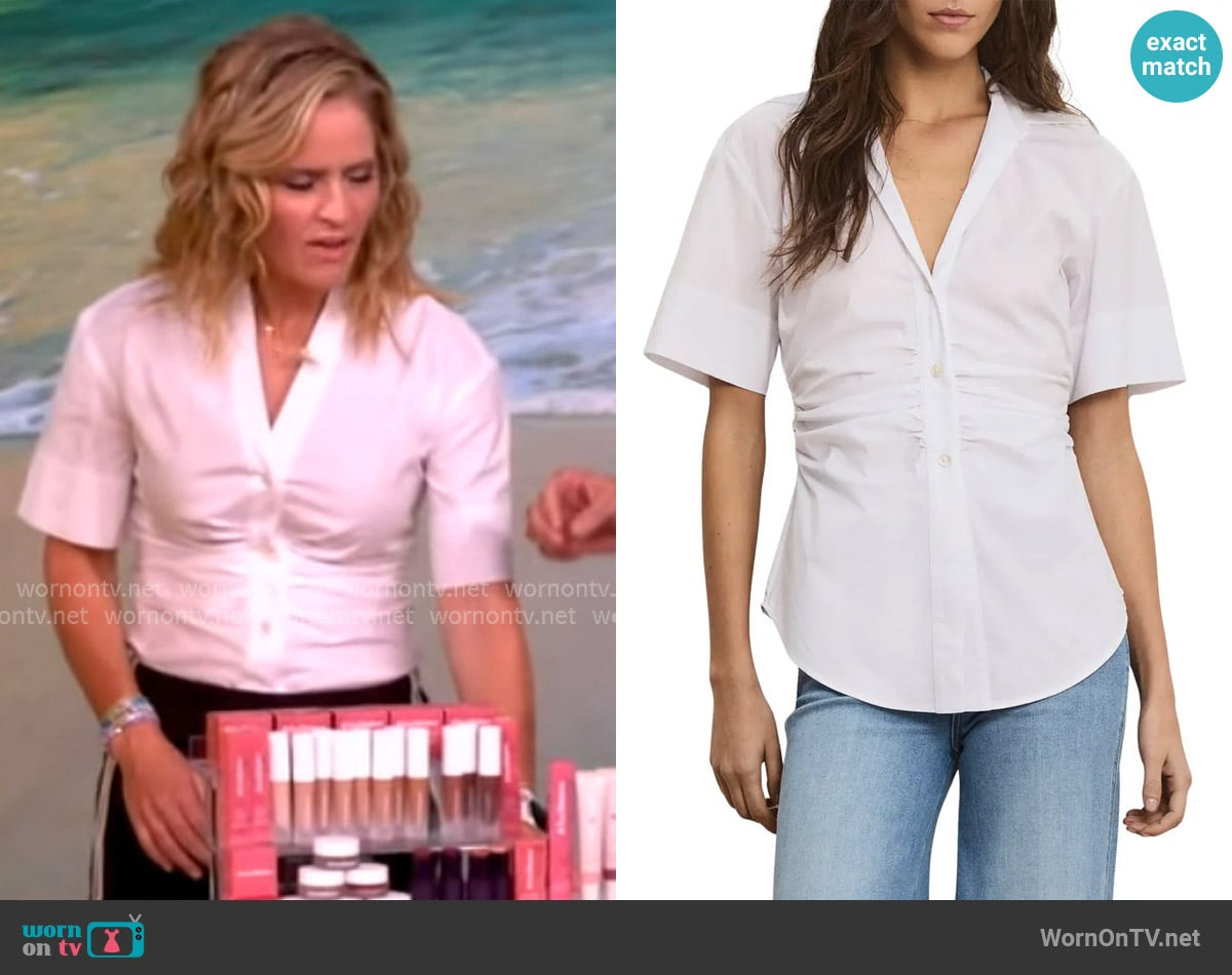 Veronica Beard Devra Ruched Shirt worn by Sara Haines on The View