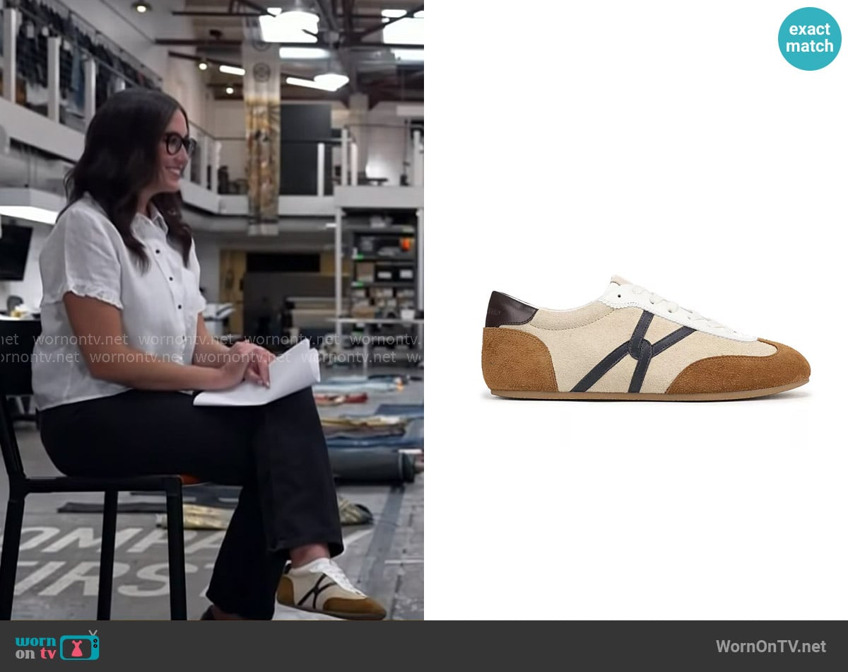 Veronica Beard Riviera Sneakers in Sand Hazelwood Suede worn by Savannah Sellers on Today