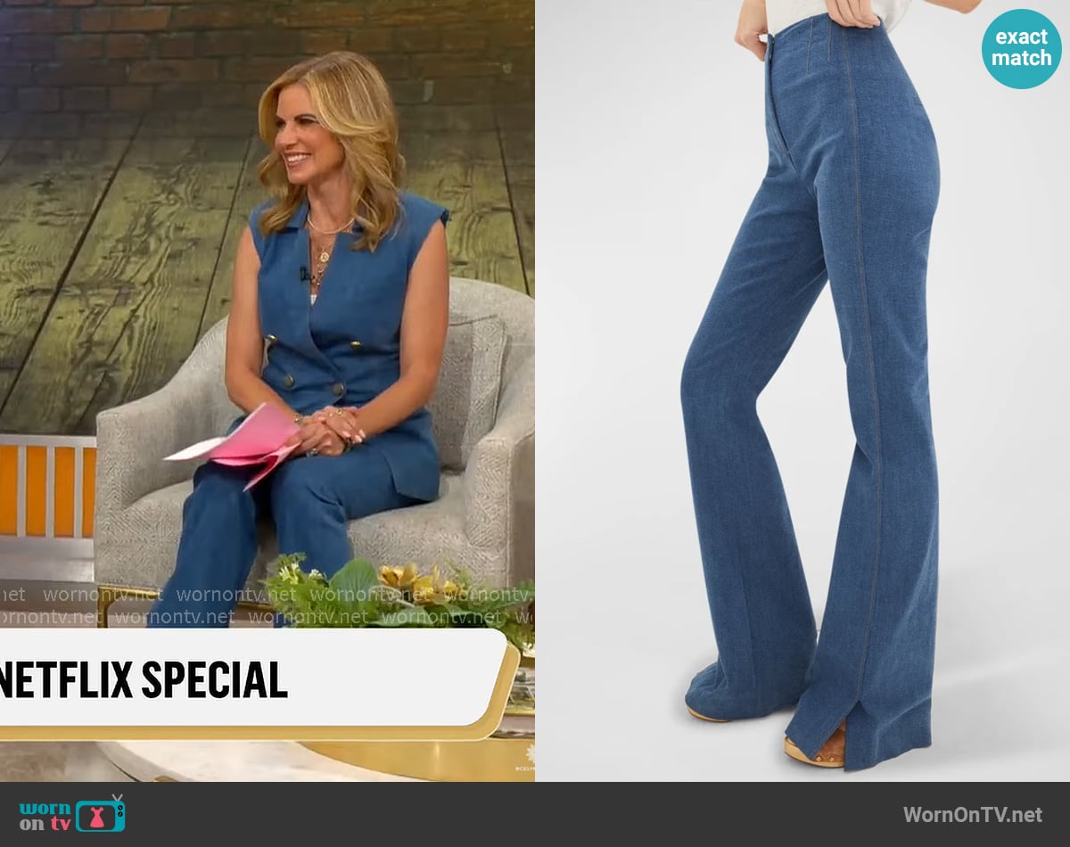 Veronica Beard Royce Denim Flared Split Pants worn by Natalie Morales on CBS Mornings