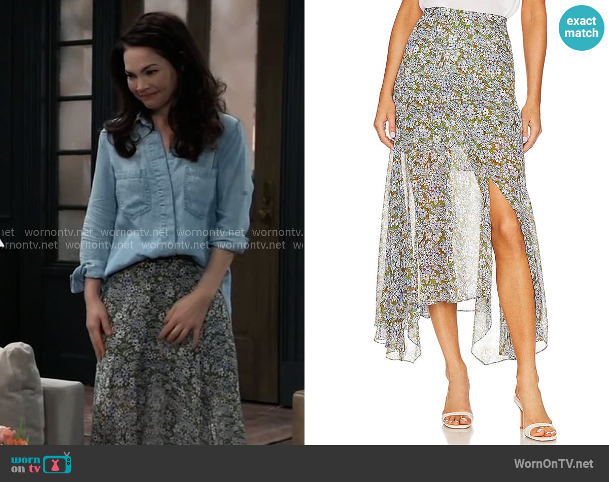 Veronica Beard Shilpa Skirt in Forest Army worn by Elizabeth Webber (Rebecca Herbst) on General Hospital