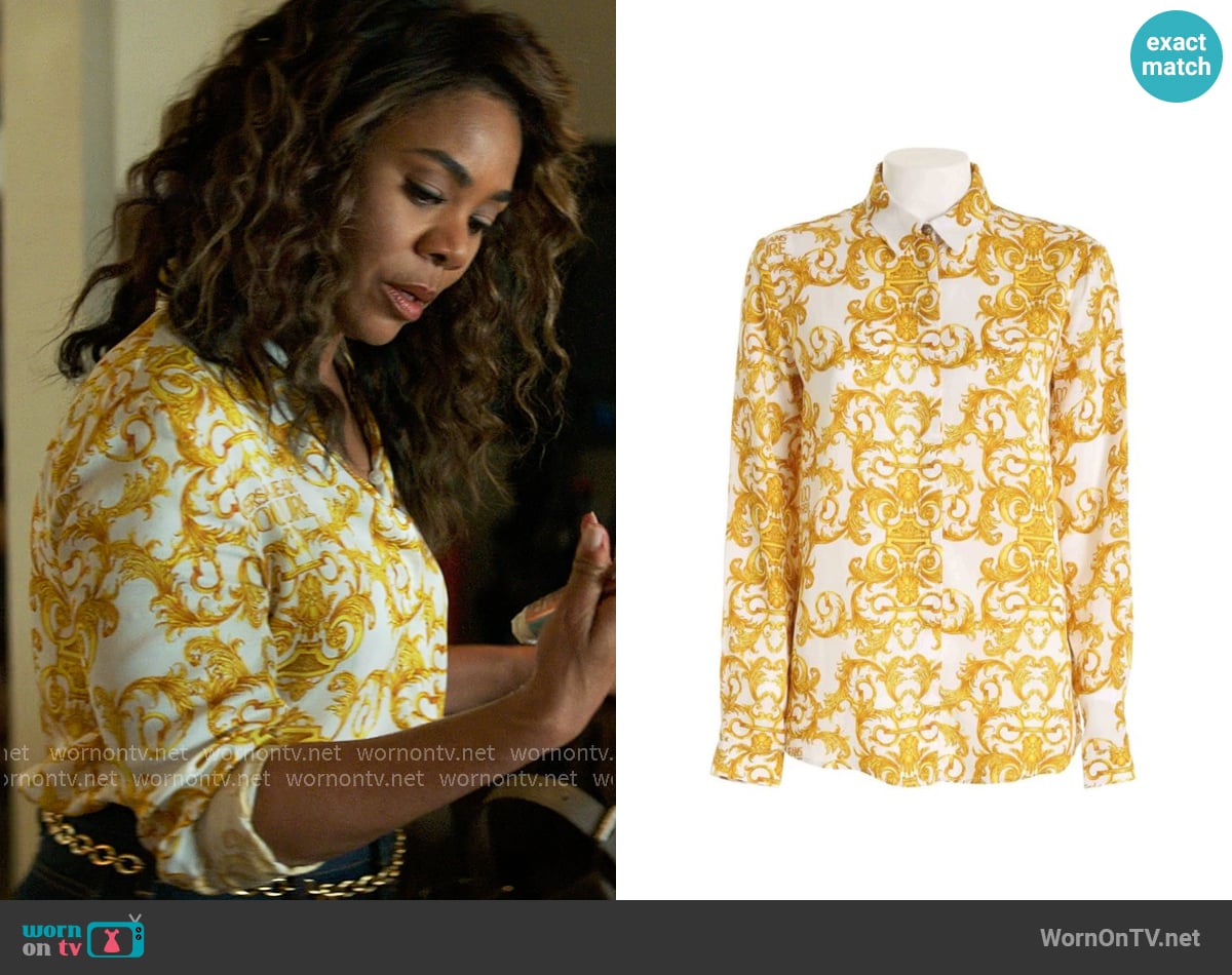 Versace Gold Shirt worn by  Dru-Ann Jones (Regina Hall) on The Five Star Weekend