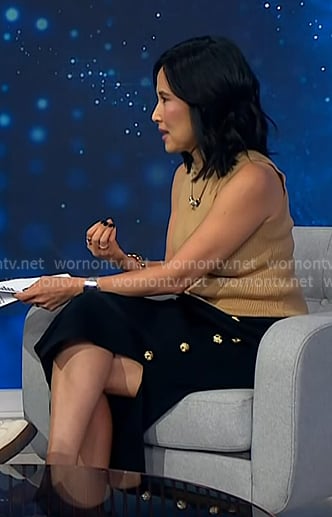 Vicky’s beige ribbed top and black button detail skirt on NBC News Daily