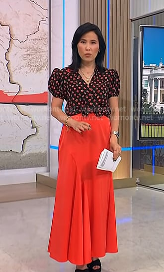 Vicky’s black print top and red satin panel skirt on NBC News Daily