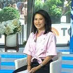 Vicky’s pink embellished shirt and black floral pants on Today