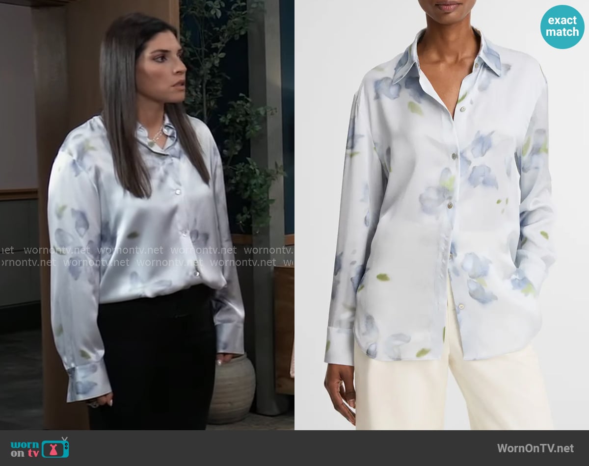 Vince Petal Blur Floral Silk Button-Up Shirt in Soft Grey worn by Brook Lynn Quartermaine (Amanda Setton) on General Hospital