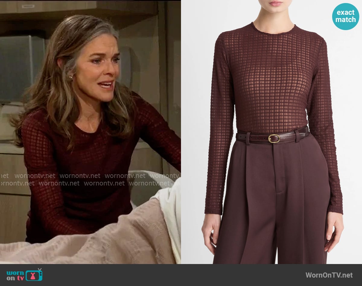 Vince Shadow Grid Top in Fig worn by Diane Jenkins (Susan Walters) on The Young and the Restless