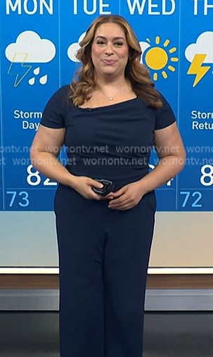 Violeta’s navy asymmetric neck jumpsuit on NBC News Daily