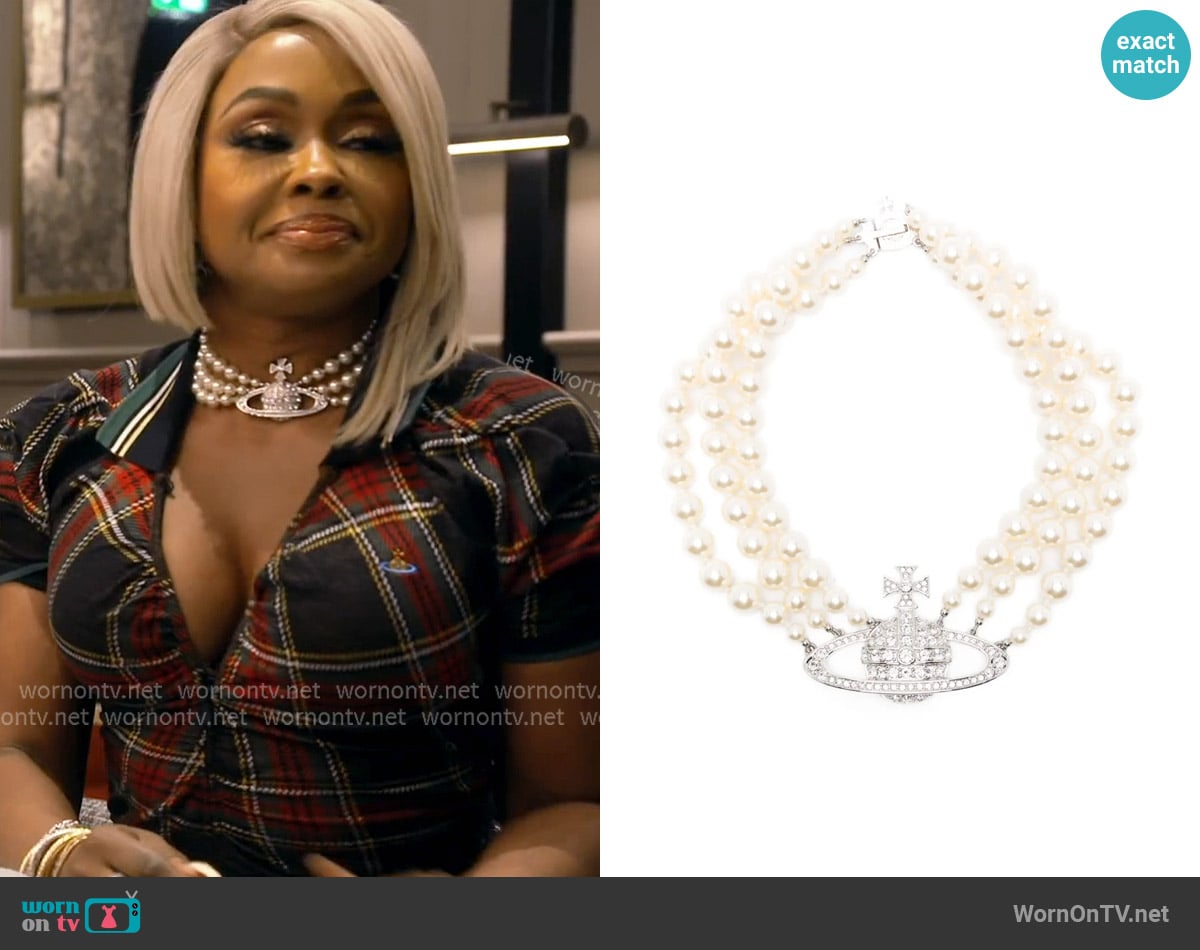 Vivienne Westwood Three row pearl bas relief necklace worn by Phaedra Parks on The Real Housewives of Atlanta
