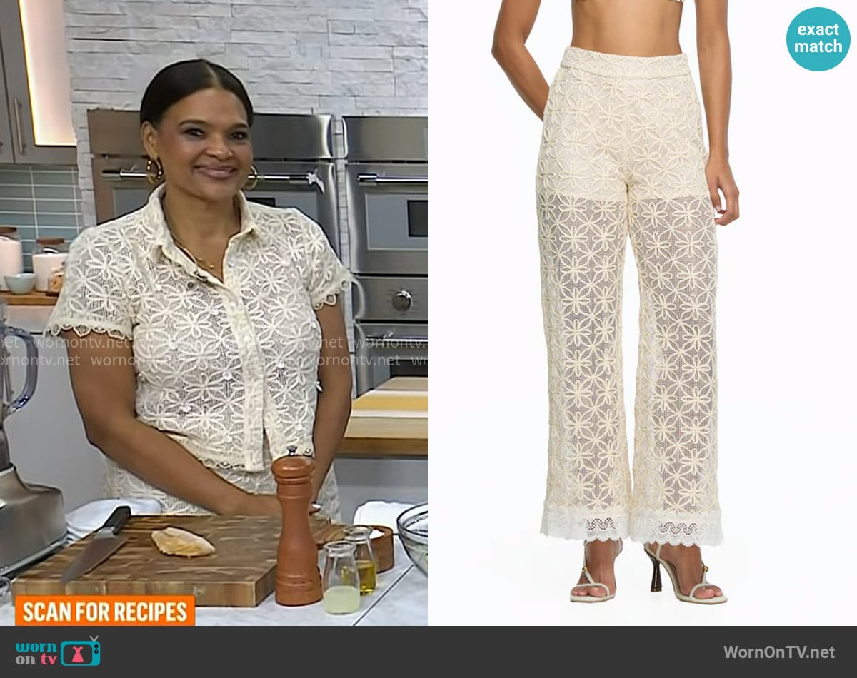 Suzanne Rousseau’s ivory floral embroidered pants on Today Suzanne Rousseau’s ivory floral embroidered pants on Today