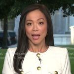 Weijia Jiang’s white short-sleeved jacket with gold buttons on CBS Mornings