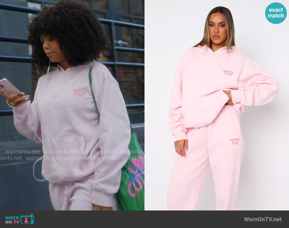 White Fox With Love Always Oversized Hoodie Baby Pink worn by Riley Burruss on Next Gen NYC