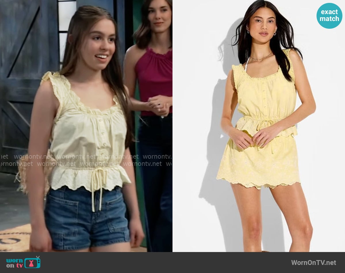 Wild Fable at Target Eyelet Button-Front Tank Top in Yellow worn by Scout Cain (Kayden Tokarski) on General Hospital