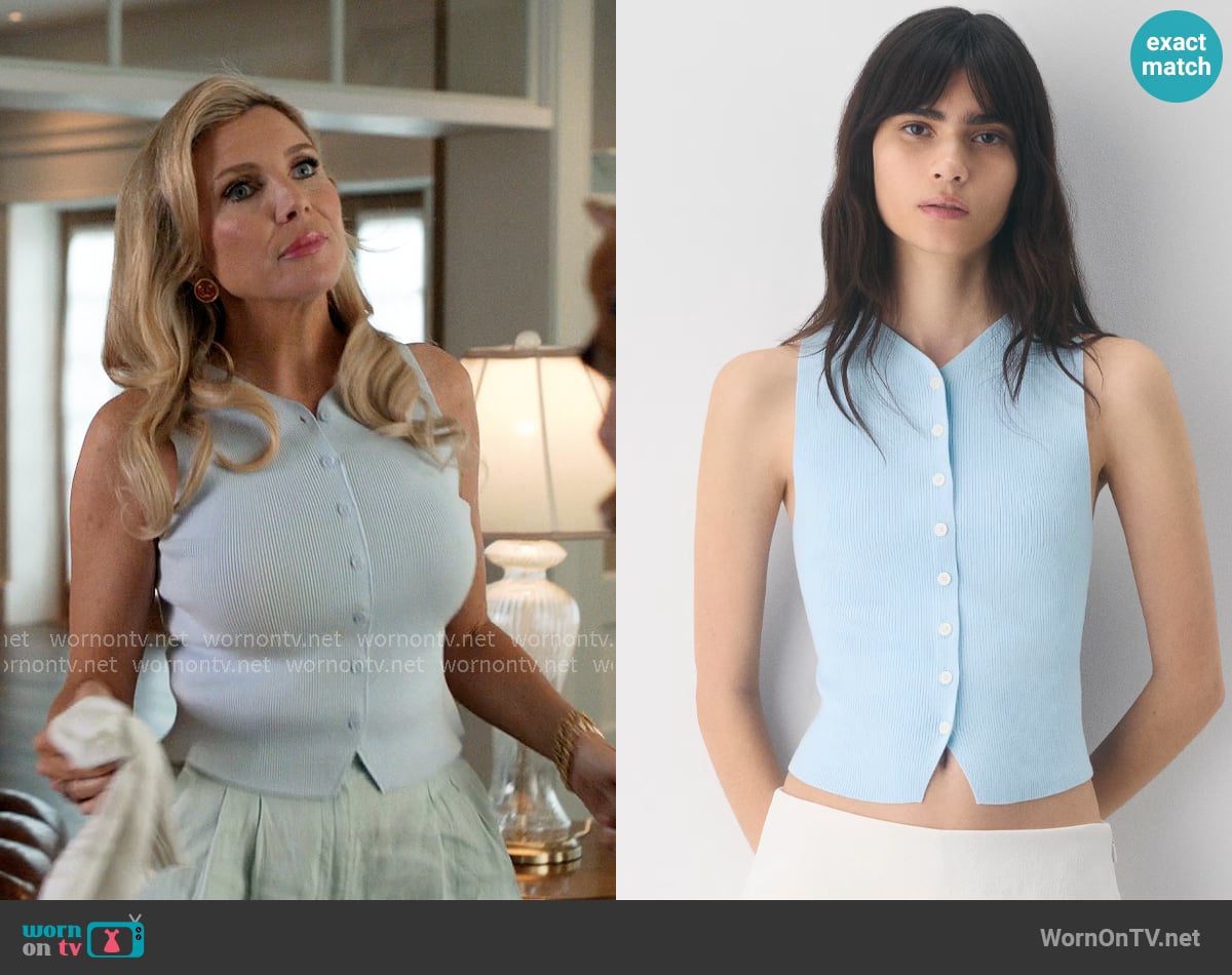 Wilfred at Aritzia Croquet Sweater Vest in Villa Blue worn by Eva Woods (June Diane Raphael) on Elle