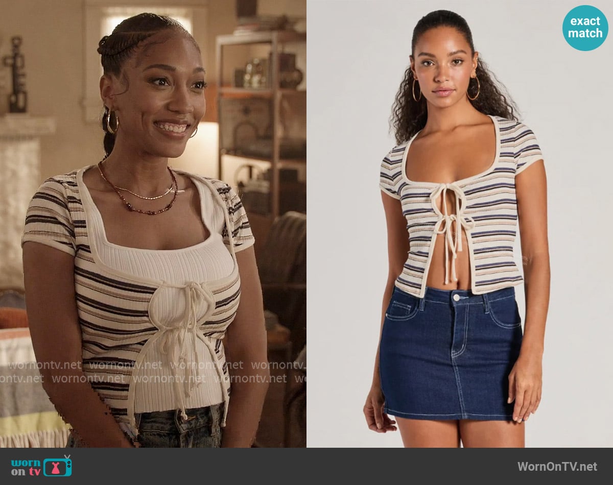 Windsor Stylish Status Striped Knit Tie-Front Top worn by Macy (Najah Jackson) on All American