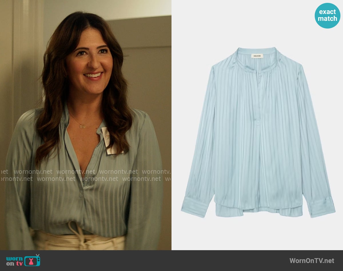 Zadig and Voltaire Tink Satin Tunic Top in Mist worn by  Brooke Kirtley (D'Arcy Carden) on The Five Star Weekend