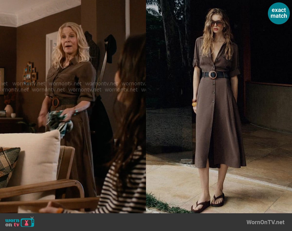 Zara Belted Flowy Shirt Dress in Brown worn by Sherrie Armstrong (Barbara Niven) on Paris is Always a Good Idea