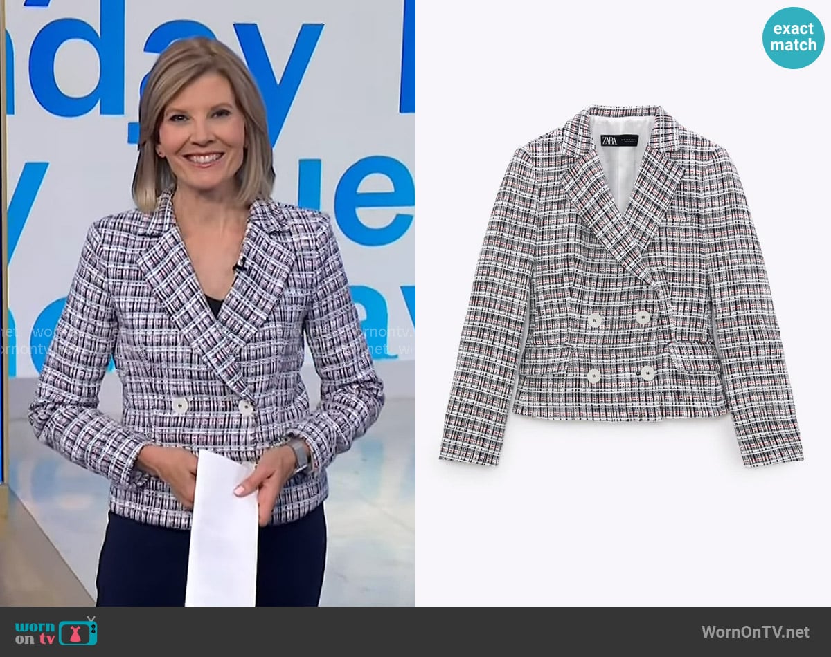 Zara Double Breasted Textured Weave Jacket worn by Kate Snow on NBC News Daily