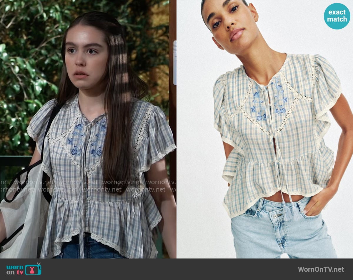 Zara Embroidered Plaid Lace Insert Top worn by Scout Cain (Kayden Tokarski) on General Hospital