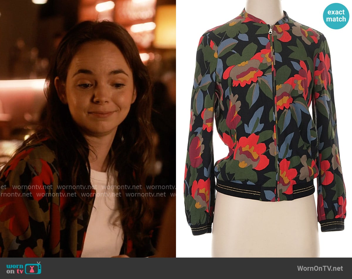 Zara Floral Bomber Jacket worn by Annabelle Martin (Rebecca Hanssen) on Paris is Always a Good Idea