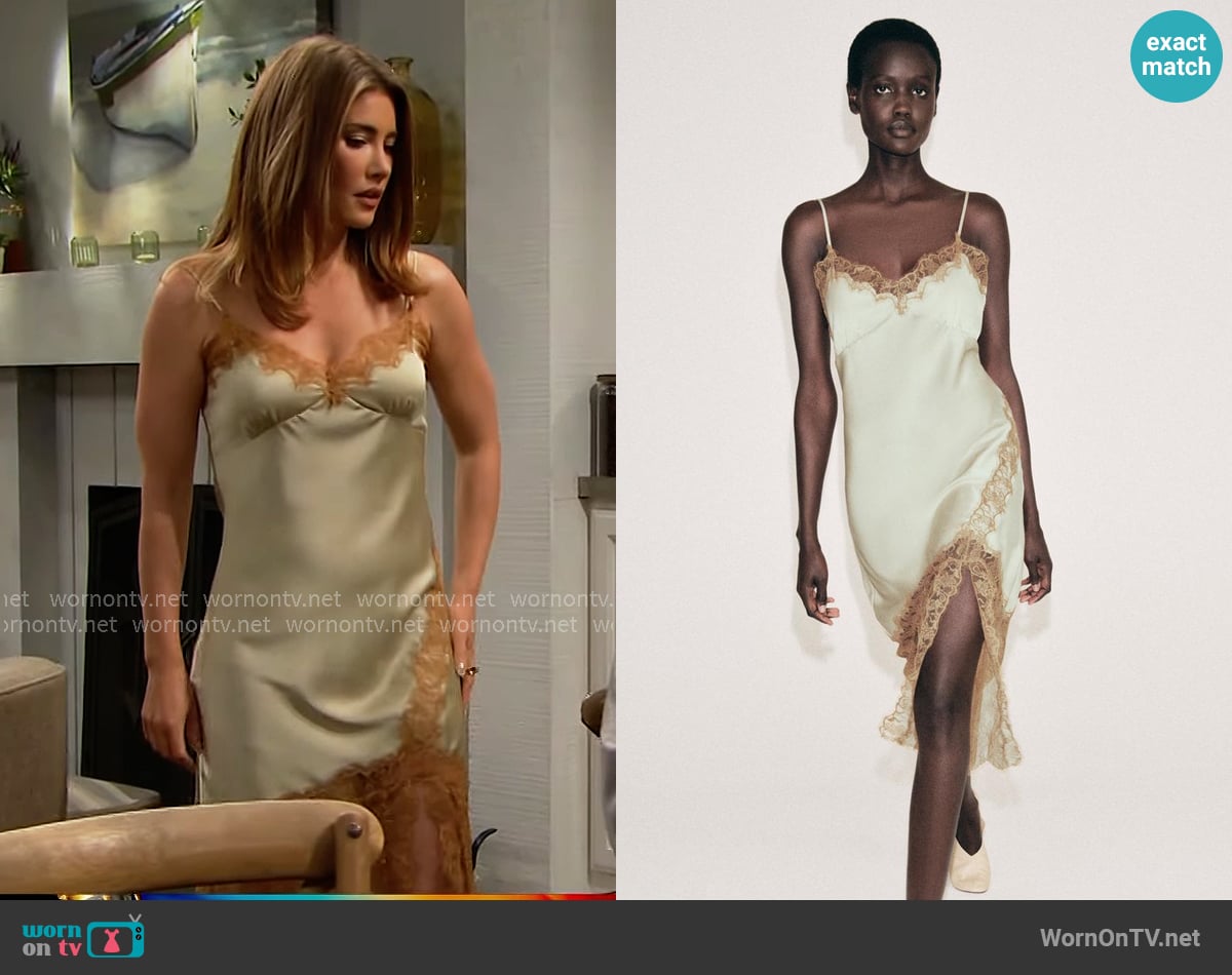 Zara Lace Slip Dress in Sea Green worn by Steffy Forrester (Jacqueline MacInnes Wood) on The Bold and the Beautiful