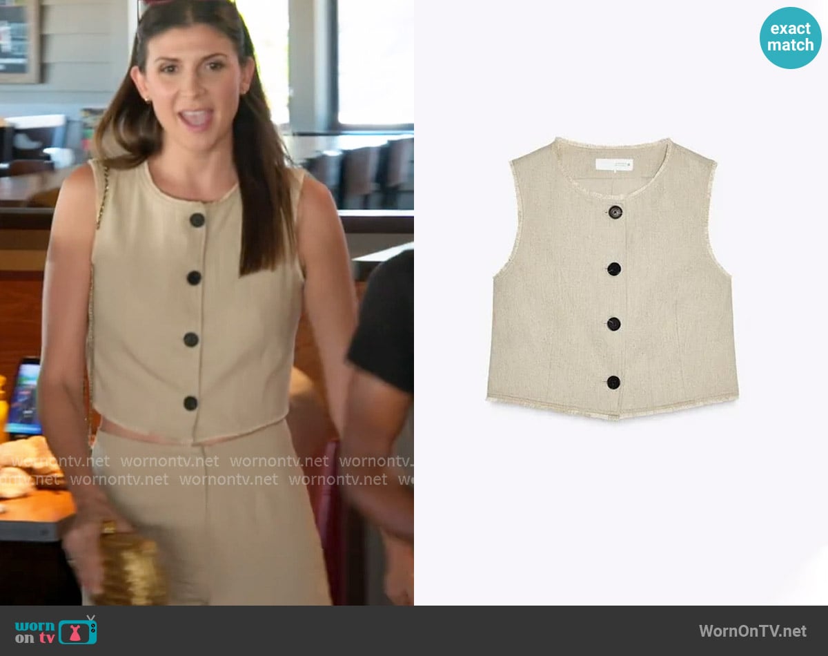 Zara Linen Fray Top worn by Janet Caperna on The Valley