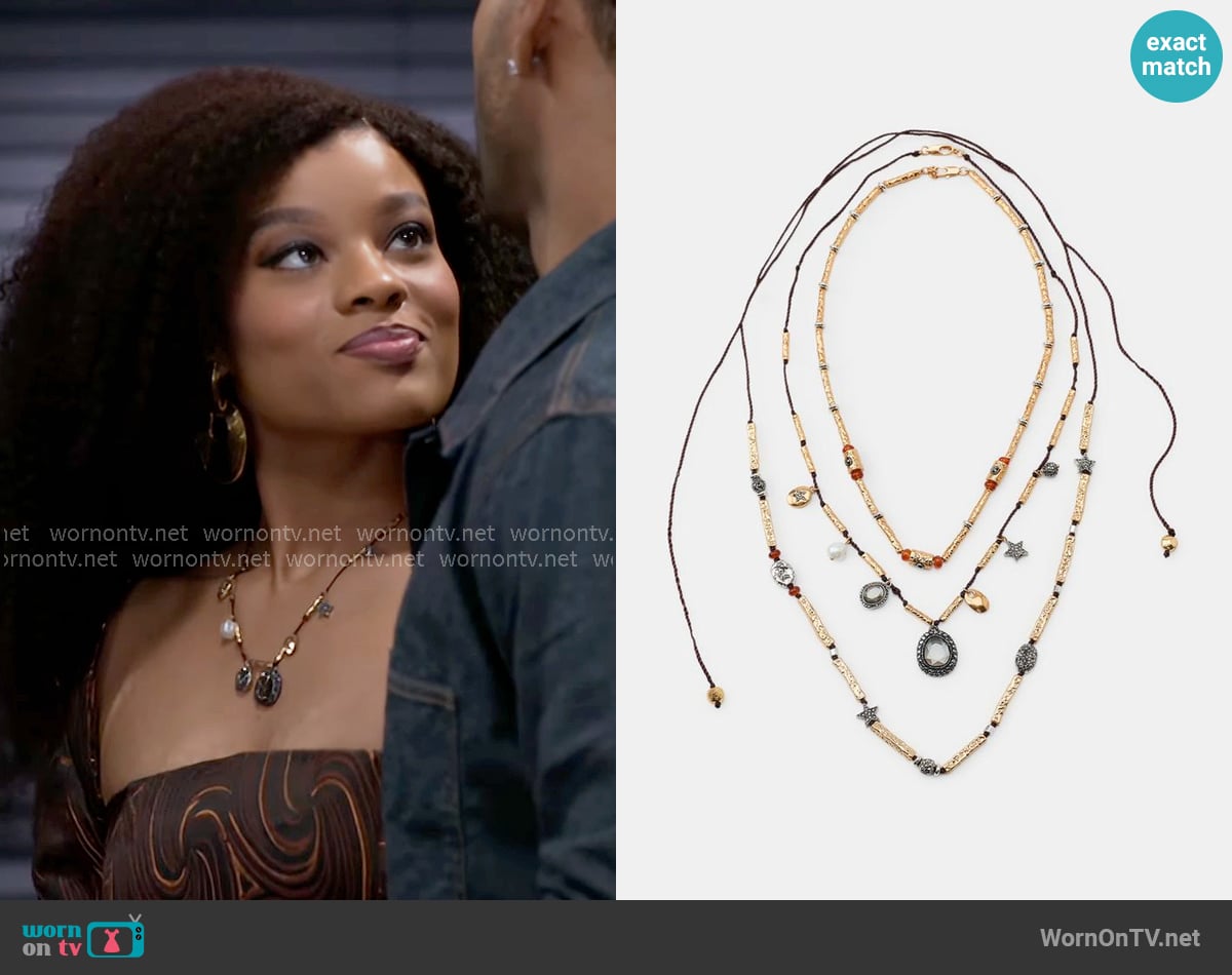 Zara Pack of 3 Cord Necklaces with Charms and Jewels worn by Eva Thomas (Ambyr Michelle) on Beyond the Gates