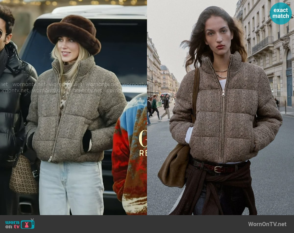 Zara Quilted cable Knit Bomber Jacket Anorak with Thermal Insulation worn by Lexi Sundin on In The City