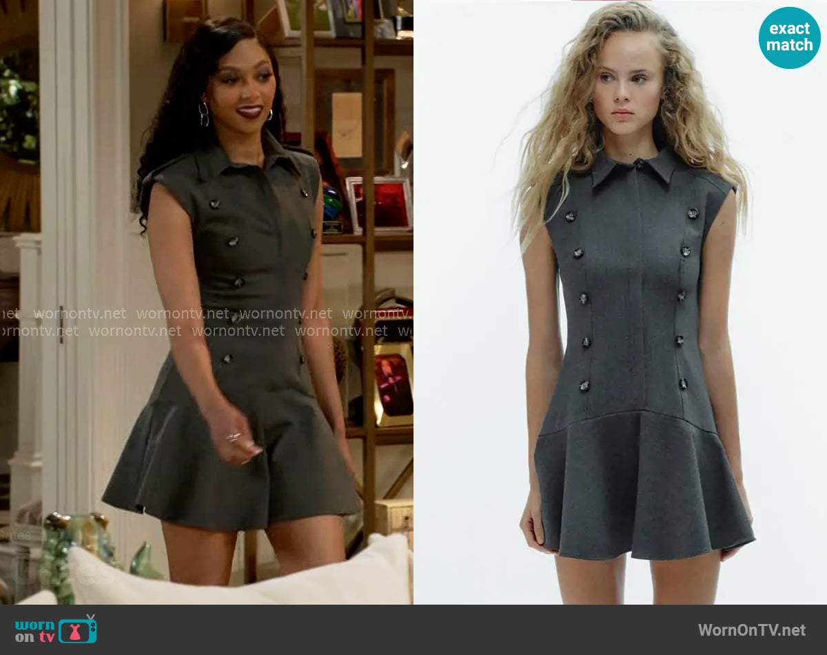 Zara Short Dress with Shoulder Pads and Ruffles worn by Kat Richardson (Colby Muhammad) on Beyond the Gates