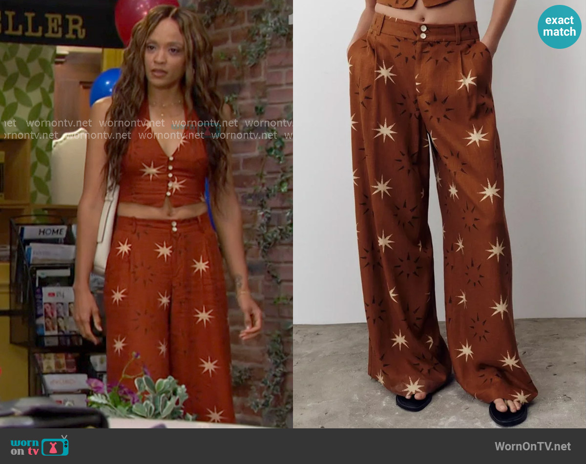 Zara Sun Print Linen Pants worn by Lani Price (Sal Stowers) on Days of our Lives