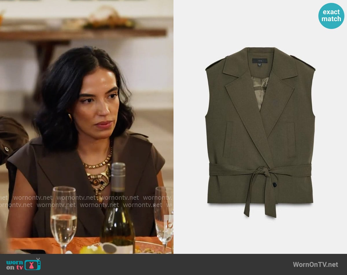 Zara Wasitcoat with Shoulder Pads and Belt in Taupe grey worn by Danielle Olivera on In The City