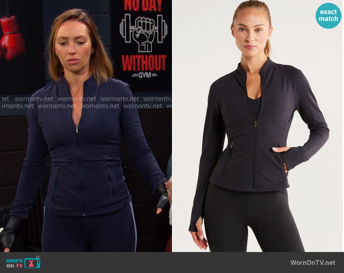 Zella Studio Luxe Active Jacket in Blue worn by Gwen Rizczech (Emily O'Brien) on Days of our Lives