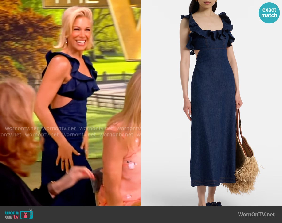 Hannah Waddingham’s navy ruffle dress on The View Hannah Waddingham’s navy ruffle dress on The View
