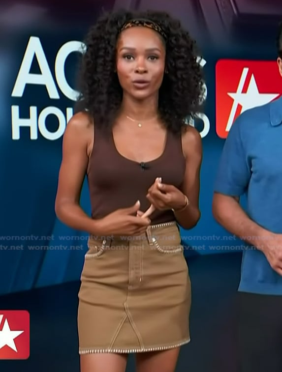 Zuri’s brown denim mini skirt on Access Hollywood