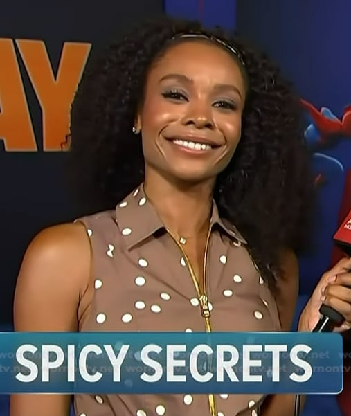 Zuri’s brown zip front polka dot dress on Access Hollywood