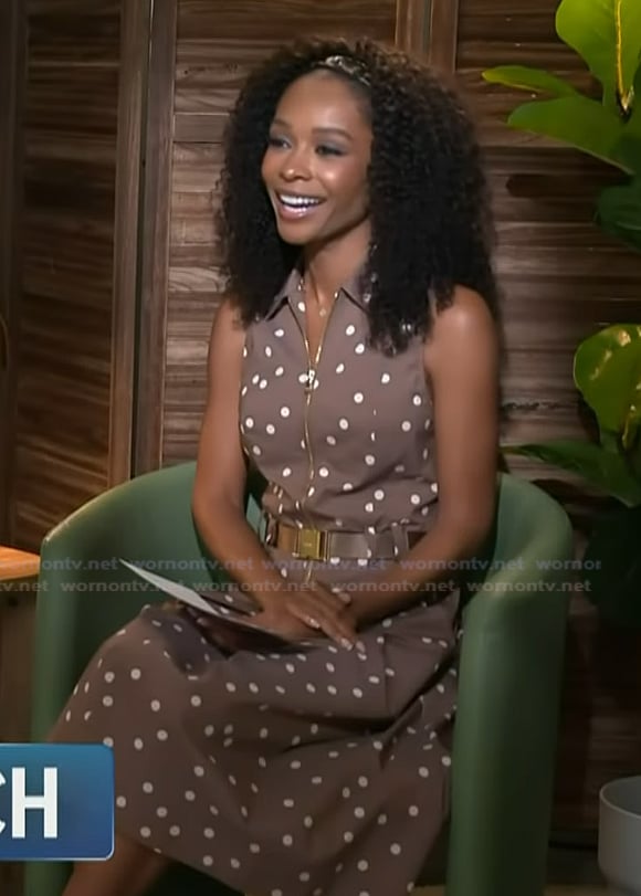 Zuri's brown zip front polka dot dress on Access Hollywood