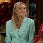 Abby’s aqua shorts suit at Nikki and Victor’s vow renewal on The Young and the Restless