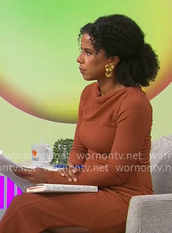 Adriana Diaz's rust brown long sleeve maxi dress on CBS Mornings